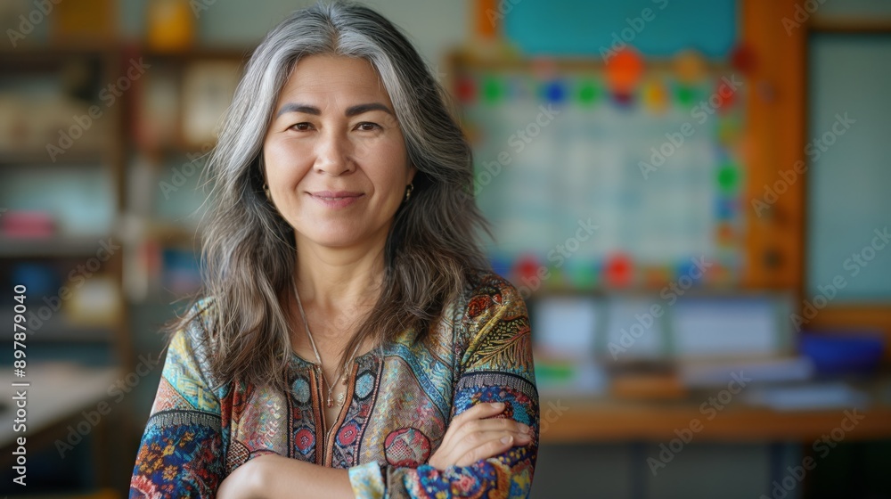 Confident MiddleAged Central Asian Female School Teacher Smiling in Classroom Setting Education, Diversity Confident MiddleAged Central Asian Female School Teacher Smiling in Classroom Setting Education, Diversity