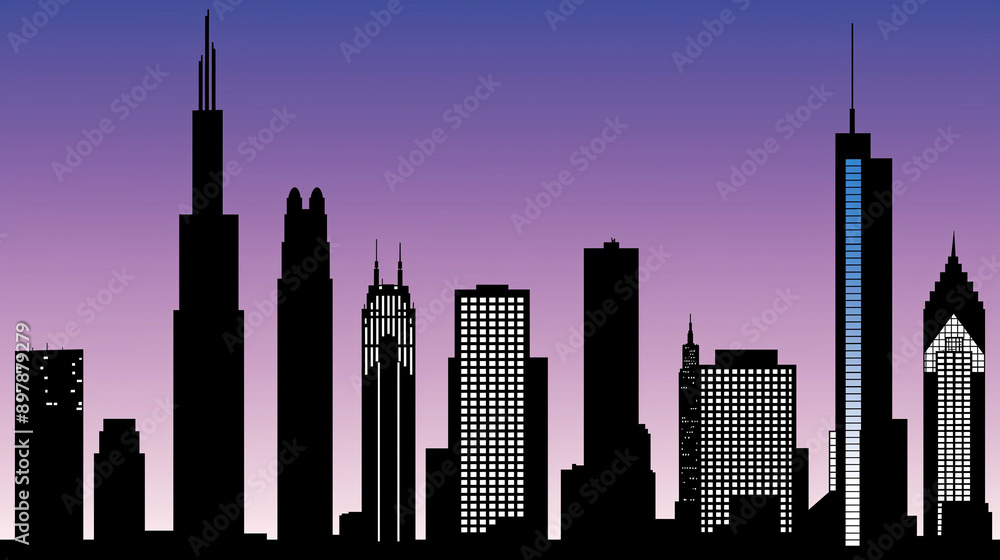 Fototapeta premium Silhouette of modern city skyline at dusk with tall skyscrapers against purple gradient sky, minimalist cityscape design in lilac twilight, web wallpaper, background
