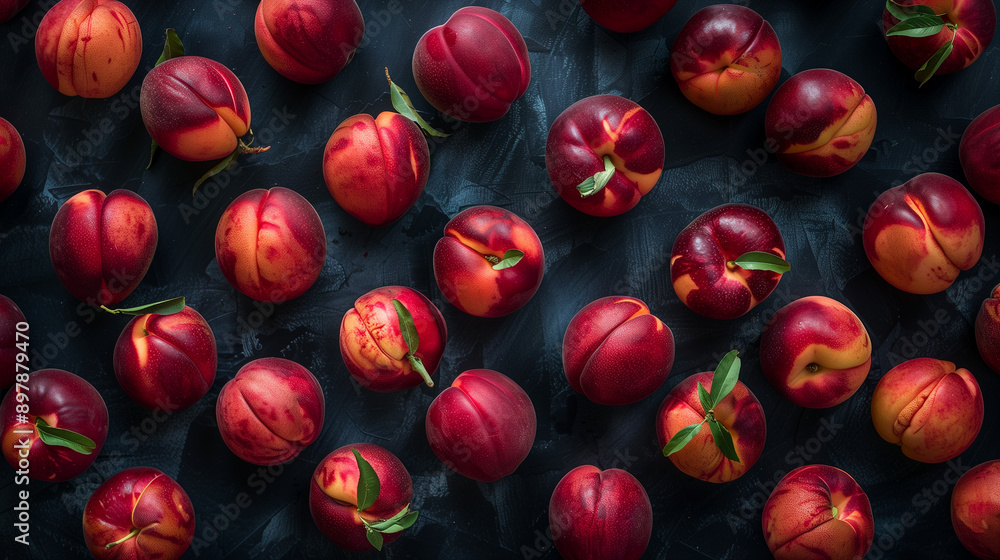 Close up of multiple organic nectarines on a dark backdrop Close up of multiple organic nectarines on a dark backdrop