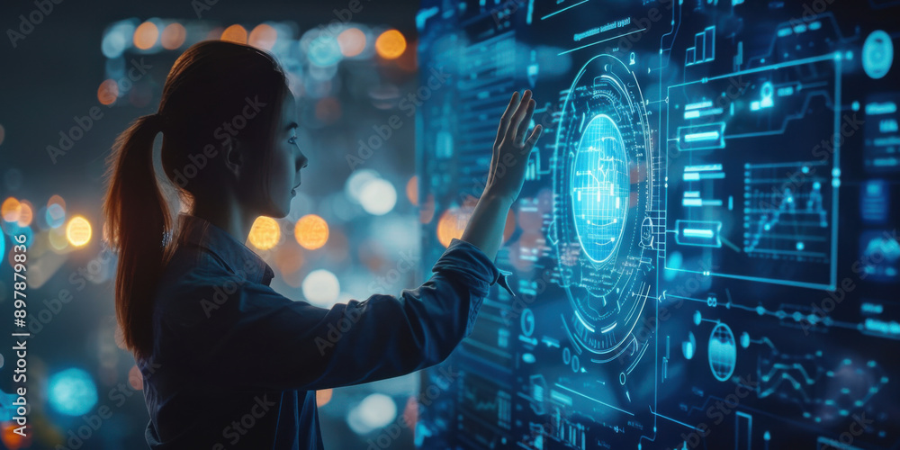 A woman uses a futuristic digital interface, representing advanced technology, innovation, and data interaction in a modern setting.