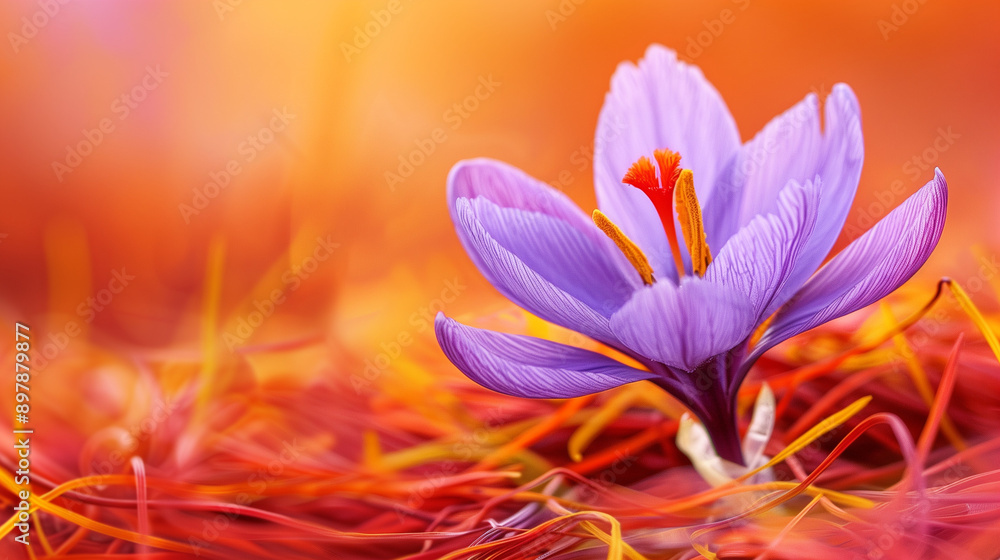Fototapeta premium Close-up of a vibrant purple saffron flower blooming amidst saffron threads with a soft, dreamy background