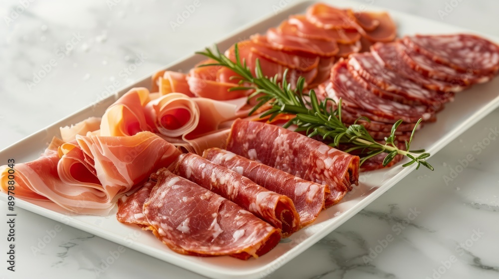 Variety of cured meats on white platter Variety of cured meats on white platter