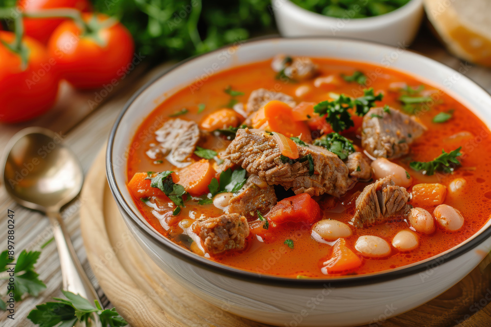 Spicy Mexican soup with meat, beans and tomatoes Spicy Mexican soup with meat, beans and tomatoes