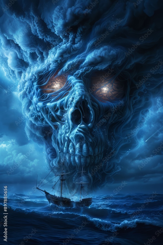 A dramatic scene depicting a ghostly skull formed by ominous clouds over a stormy sea, creating a haunting atmosphere. A dramatic scene depicting a ghostly skull formed by ominous clouds over a stormy sea, creating a haunting atmosphere.