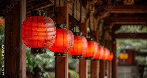 Red lanterns hanging in a row at night