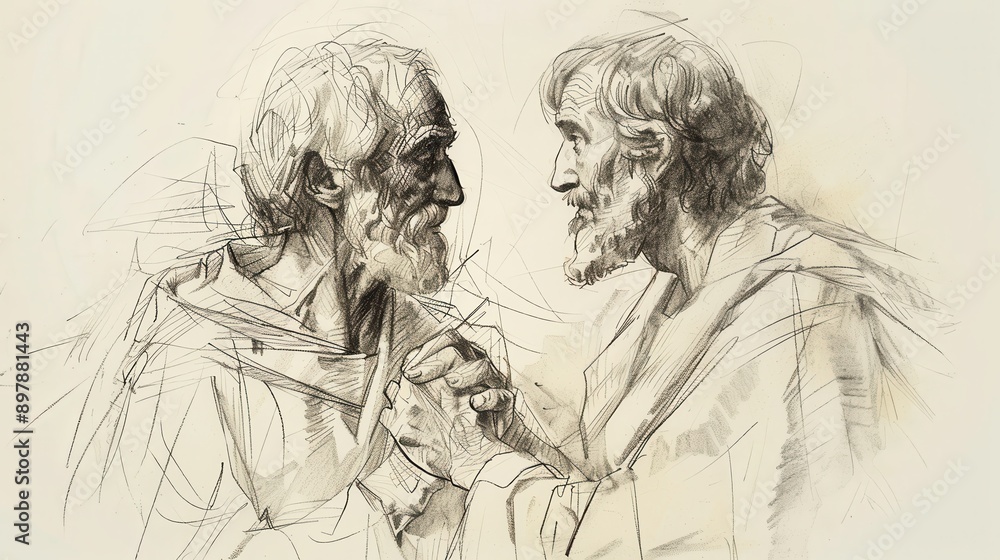 Obraz premium Genesis,God Blesses Jacob:Minimalist Sketch of God Reaffirming His Promise to Jacob, Bold Pencil Lines, Soft Beige Background Biblical Illustration