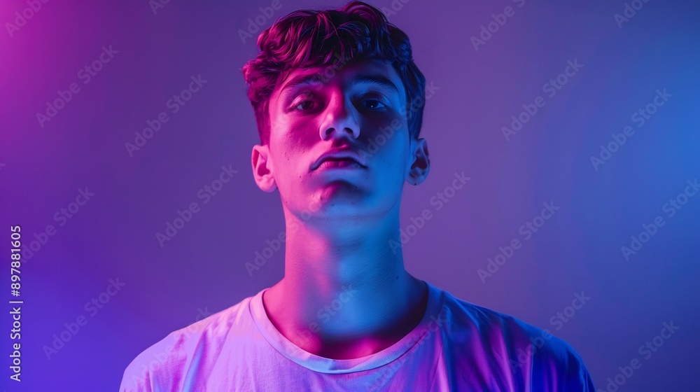 Portrait of young man in t-shirt above ultra violet neon lights Portrait of young man in t-shirt above ultra violet neon lights