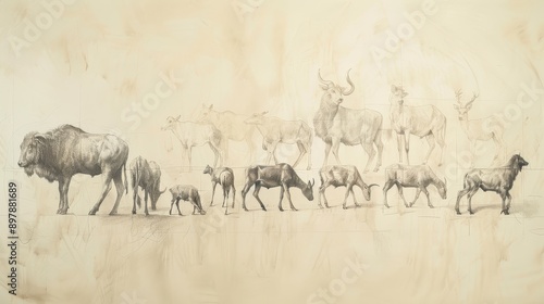 Genesis,The Creation:Historical sketch of the naming of the animals by Adam, modern minimalist biblical illustration, bold pencil lines, soft beige background, perfect for wall art.