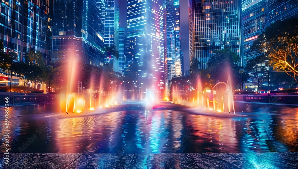 City Lights Dance: Colorful Fountain Show in Urban Landscape City Lights Dance: Colorful Fountain Show in Urban Landscape