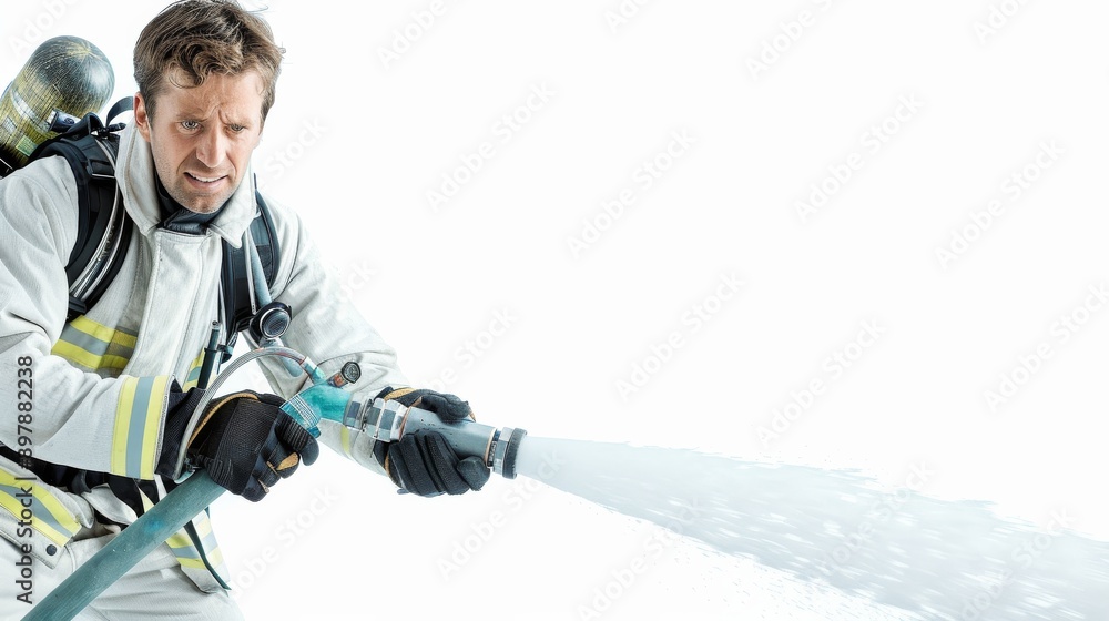 Firefighter in Full Protective Gear Using Fire Extinguisher Against White Background Firefighter in Full Protective Gear Using Fire Extinguisher Against White Background