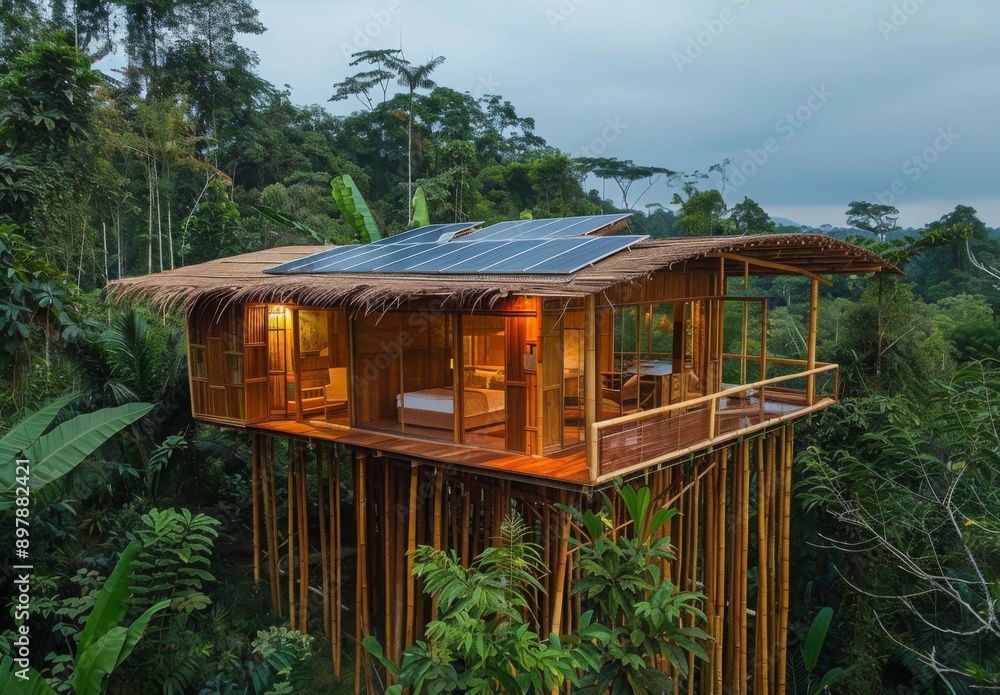 A bamboo cabin with solar panels on the roof, set in the heart of the Amazon rainforest A bamboo cabin with solar panels on the roof, set in the heart of the Amazon rainforest