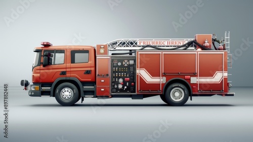 Vibrant Red Modern Fire Truck Isolated on Plain Grey Background with Emergency Lights and Equipment