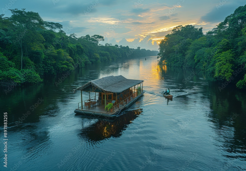 Fototapeta premium A floating eco lodge on a serene river in the Amazon, surrounded by dense tropical vegetation