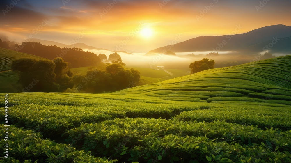 Naklejka premium sunrise green tea plant
