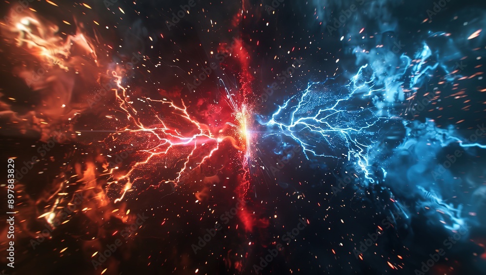Hyper Realistic Collision of Two Energy Sparks in the Center of Frame. Red and Blue Lightning Bolts in Close-Up. Symmetrical and Cinematic Design. Hyper Realistic Collision of Two Energy Sparks in the Center of Frame. Red and Blue Lightning Bolts in Close-Up. Symmetrical and Cinematic Design.