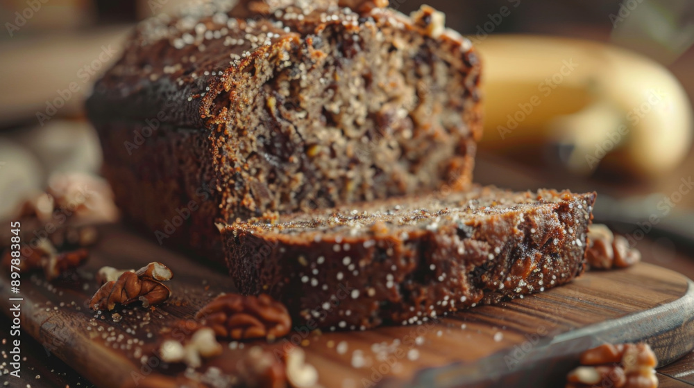 Close-up of freshly baked banana nut bread sprinkled with chia seeds, sliced and served on a wooden cutting board.