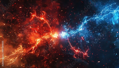  Hyper Realistic Collision of Two Energy Sparks in the Center of Frame. Red and Blue Lightning Bolts in Close-Up. Symmetrical and Cinematic Design.