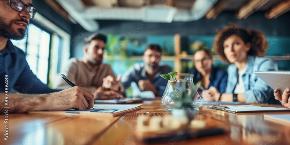 A group of colleagues engaged in a discussion around a wooden table in a modern, well-lit office environment. A group of colleagues engaged in a discussion around a wooden table in a modern, well-lit office environment.