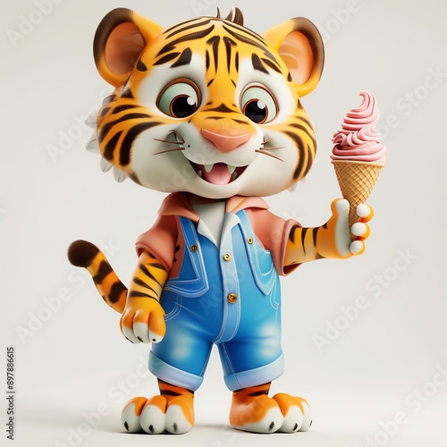 Adorable 3D tiger character with ice cream on white background, cartoon style, bright colors, standing pose, high-resolution, smiling face photo