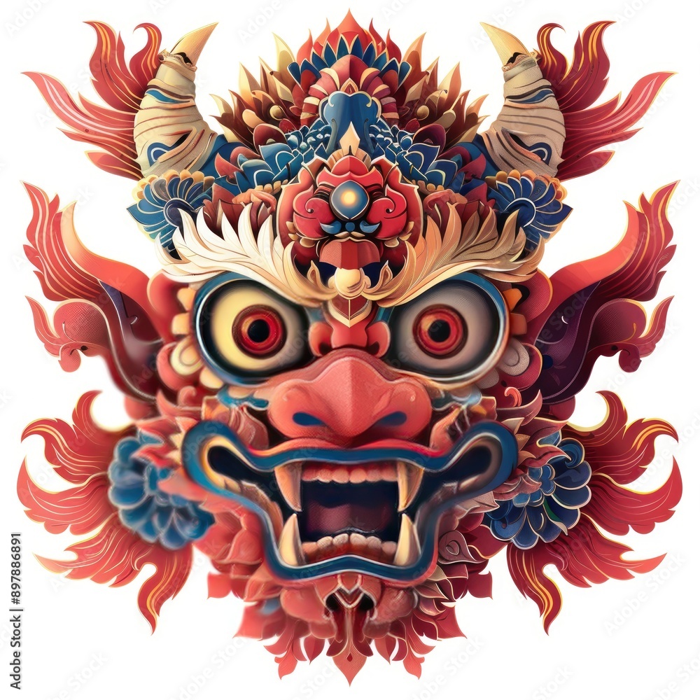 Ornate, Fierce, Red and Blue Mask with Open Mouth Ornate, Fierce, Red and Blue Mask with Open Mouth