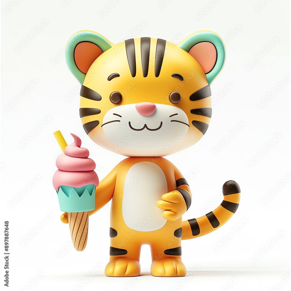Playful 3D tiger with ice cream illustration, white background, colorful design, animated style, cute features, standing position, detailed Playful 3D tiger with ice cream illustration, white background, colorful design, animated style, cute features, standing position, detailed