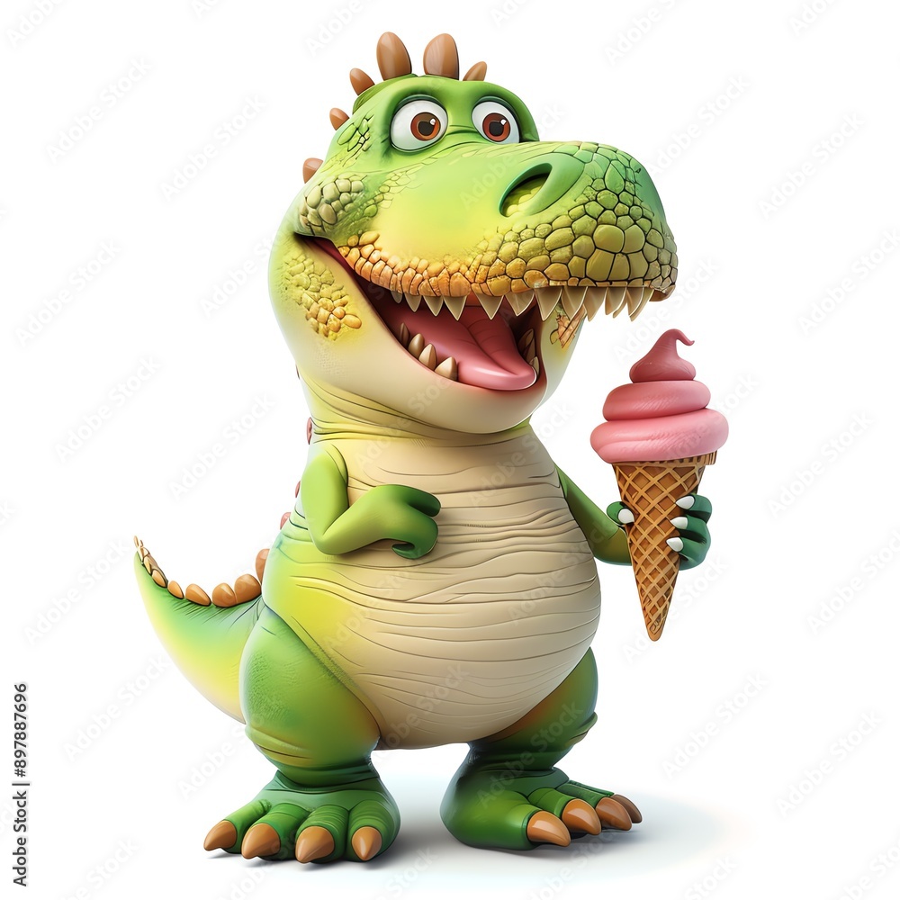 Fototapeta premium Playful 3D dinosaur holding ice cream clipart, white background, bright hues, animated style, detailed texture, happy face, digital illustration, centered