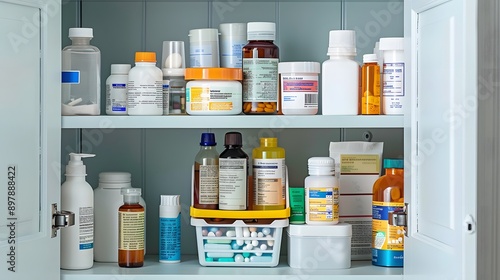 Medicine Cabinet Filled with Various Medications and Supplements