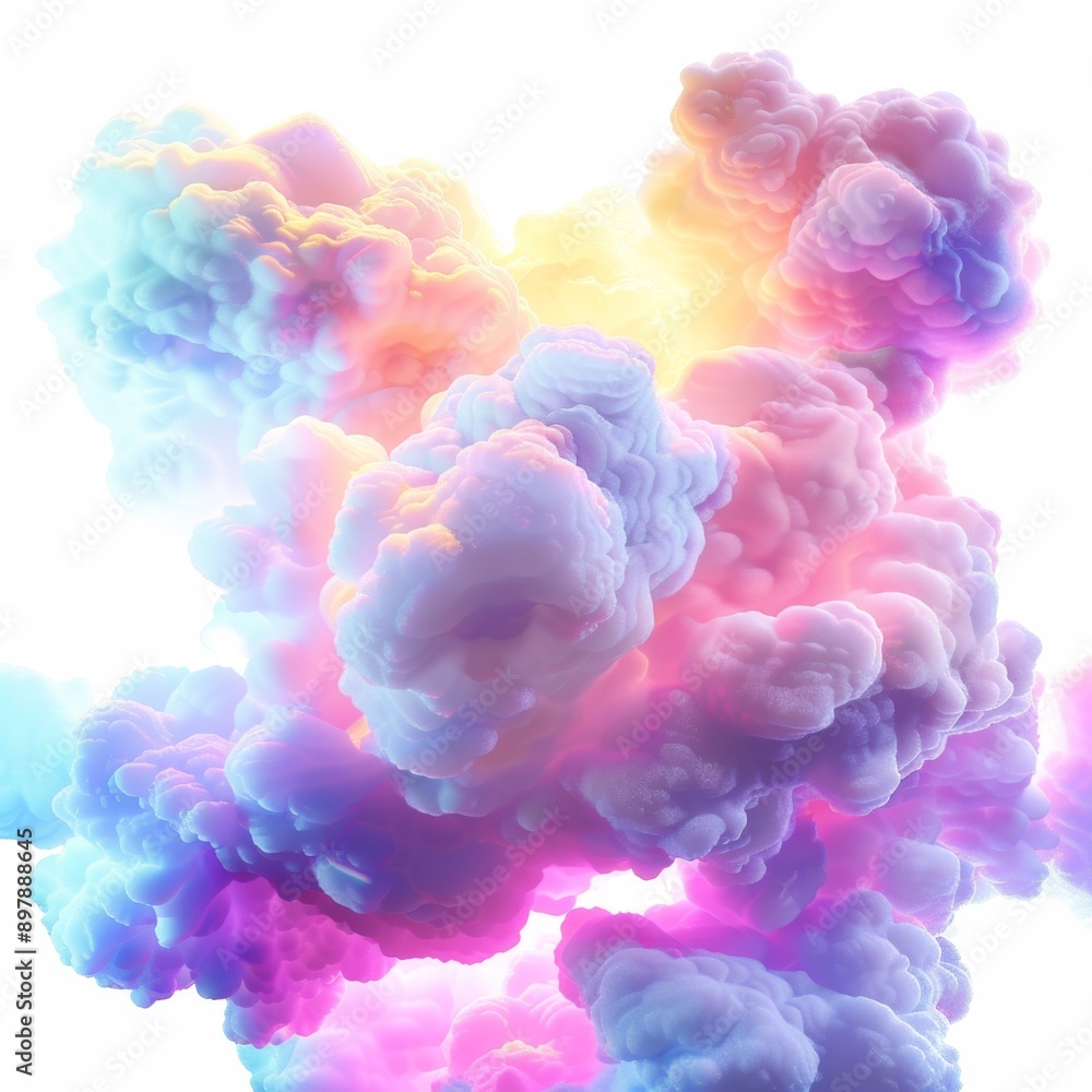 Fototapeta premium Vibrant 3D Abstract Fantasy Sky: Colorful Neon Clouds Isolated on White Background. Surreal Weather Phenomenon Rendered in Photorealistic Detail. Dreamlike AI-Generated 4K Wallpaper Showcasing Imagina