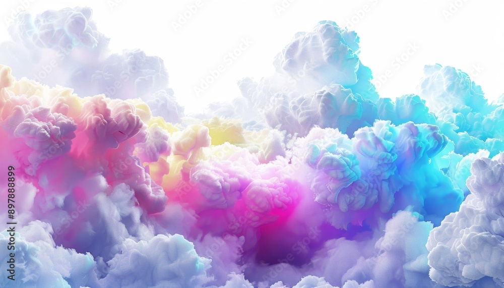 Fototapeta premium Vibrant 3D Abstract Fantasy Sky: Colorful Neon Clouds Isolated on White Background. Surreal Weather Phenomenon Rendered in Photorealistic Detail. Dreamlike AI-Generated 4K Wallpaper Showcasing Imagina