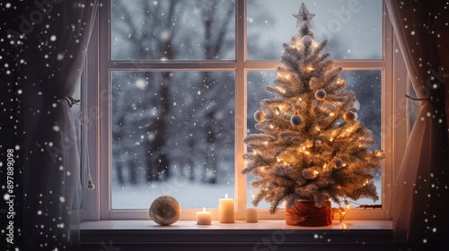 landscape christmas tree in window photo