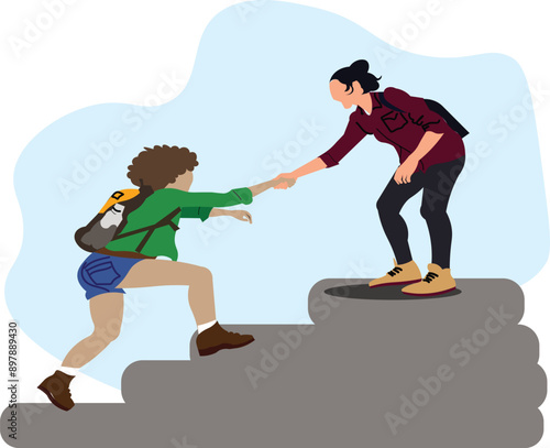 vector illustration image of two women helping to climb upstairs by pulling their hands