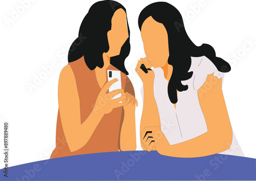 vector illustration image of two friendly women with cell phones in their hands. friendship