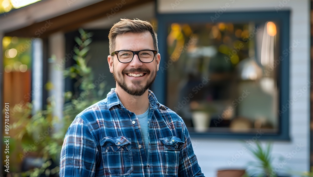 Happy Homeowner Smiles Outside Modern House Happy Homeowner Smiles Outside Modern House
