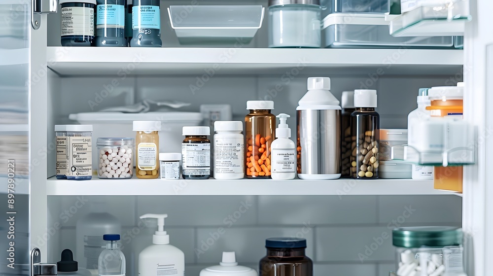 Medicine Cabinet with Various Pills and Bottles Medicine Cabinet with Various Pills and Bottles