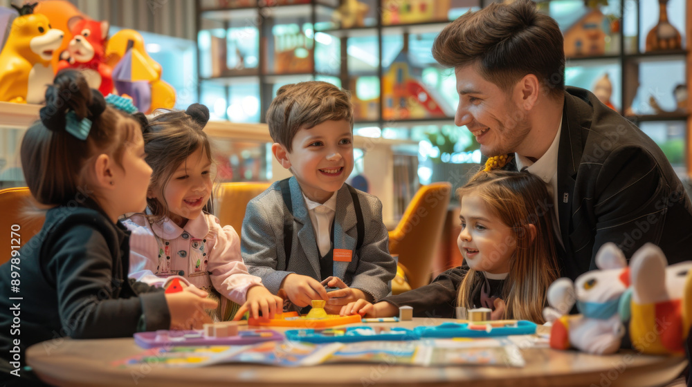 Fototapeta premium Group of children happily playing with toys indoors, engaging in a fun and educational activity with an adult supervisor.