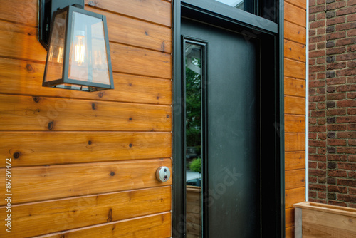 Modern Black Door With Wooden Siding And Outdoor Lantern Light Fixture photo