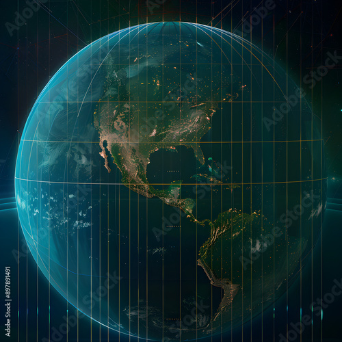 Global Representation of Longitude - Earth Divided by Equidistant Longitudinal Lines Against a Dark Blue and Green World Map photo