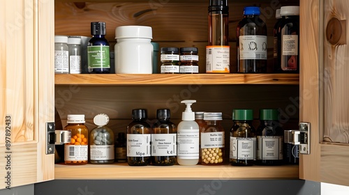 Open Cabinet with Assorted Bottles and Jars