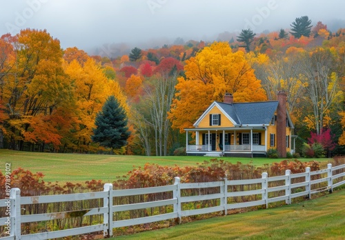 A quaint New England farmhouse with a backdrop of colorful fall foliage