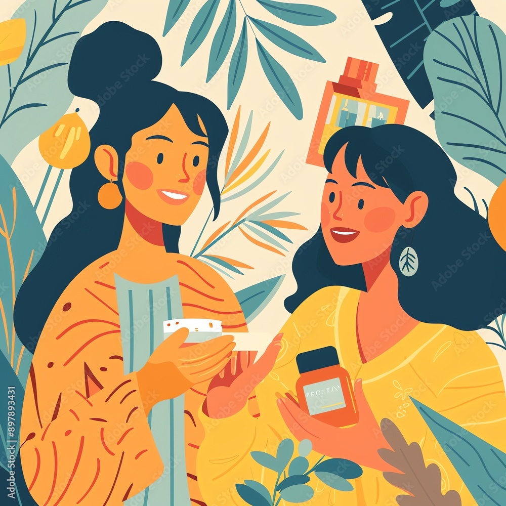 Create a illustration of a Woman receiving a facial treatment at a spa,The illustration should capture the vibrant colors and diverse textures of the ingredients typically found in objects, ad Create a illustration of a Woman receiving a facial treatment at a spa,The illustration should capture the vibrant colors and diverse textures of the ingredients typically found in objects, ad