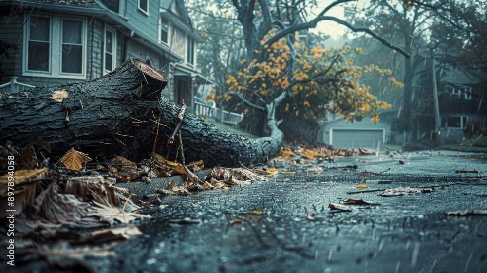 An uprooted tree that fell in front of the house during a strong wind ...