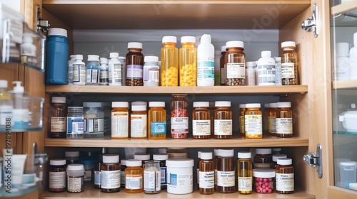 Medicine Cabinet Overflowing with Pills and Bottles