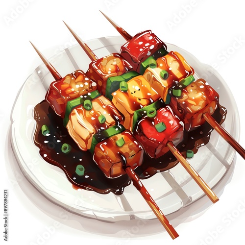 Create a illustration of a a Mitarashi dango (skewered dango with sweet soy sauce glaze),The illustration should capture the vibrant colors and diverse textures of the ingredients typically fou photo