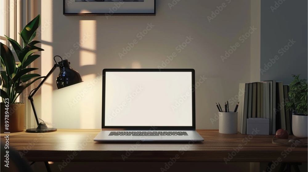 laptop on minimalist study table with blank screen for mock up. laptop on minimalist study table with blank screen for mock up.