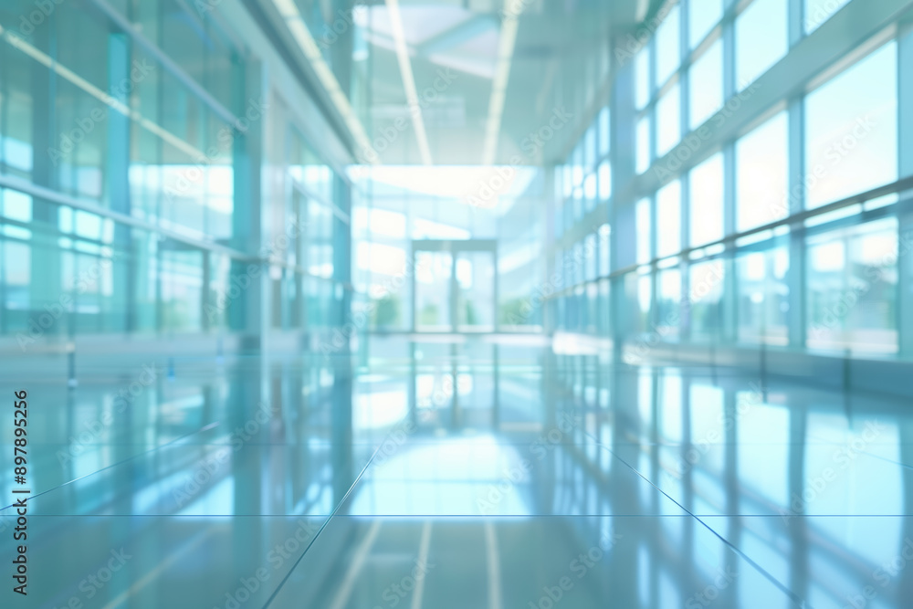 Blurred background of a sunny hospital lobby with large windows. Generative AI Blurred background of a sunny hospital lobby with large windows. Generative AI