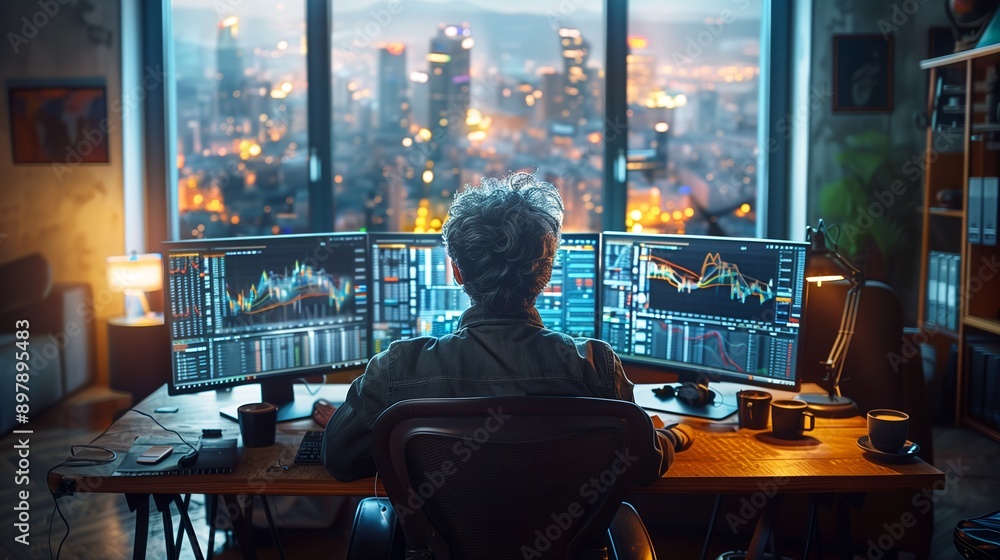 Professional Trader and Investor Set on Desk with multiple screens displaying stock market trading Professional Trader and Investor Set on Desk with multiple screens displaying stock market trading