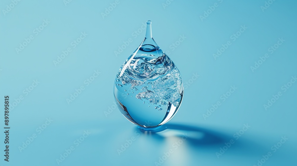 Single water drop shaped glass filled with water against a blue background. Single water drop shaped glass filled with water against a blue background.
