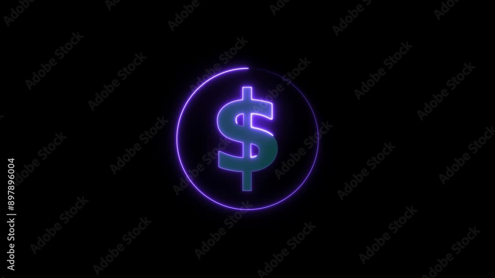 Doller icon neon glowing purple color animation and purple circle on black background. Doller icon neon glowing purple color animation and purple circle on black background.