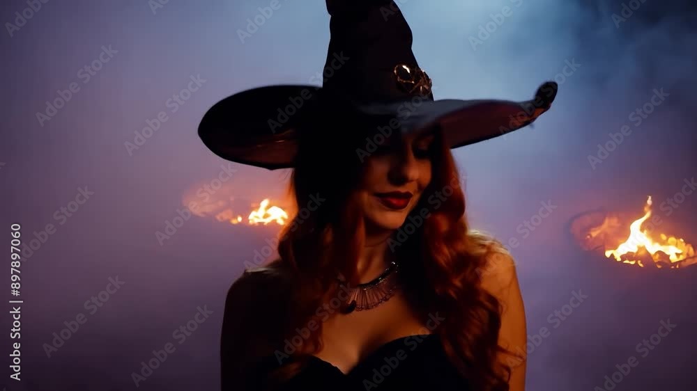 Woman in witch costume with hat and necklace in dark, smoky setting. Halloween and costume party concept. Woman in witch costume with hat and necklace in dark, smoky setting. Halloween and costume party concept.
