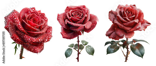 Red roses with dew drops isolated on transparent background photo